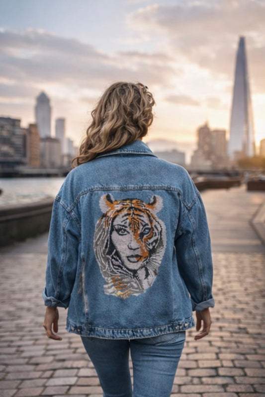 Tiger-Woman Rhinestone Denim Jacket