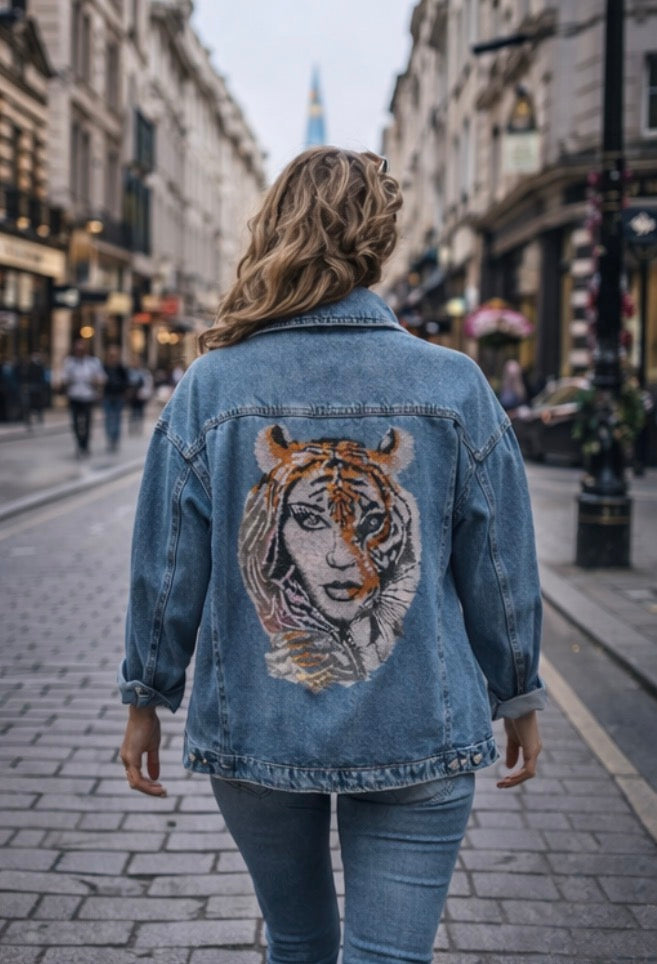 Tiger-Woman Rhinestone Denim Jacket
